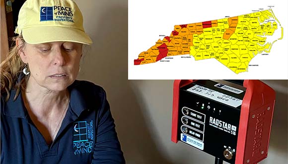 Mary Davis Gage, from Peace Of Mind Property Inspectors, performing a radon test, with an overlay of radon zones in the state of North Carolina.